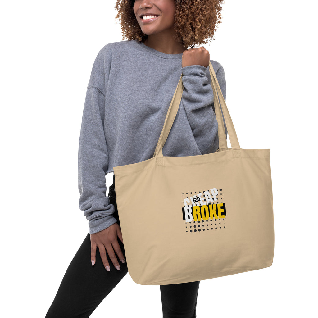 Cheap Over Broke (single sided image): Large organic tote bag